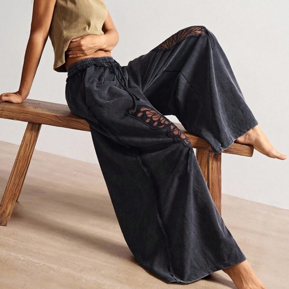 Mineral Wash Stretchy Waist Butterfly Cut out Wide leg Pants - Picture 2 of 7